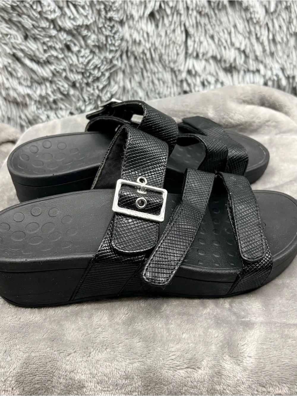 Vionic Rio Lizard Sandals Womens 6 Black Platform Pacific Slide Hook & Loop